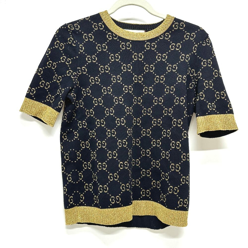 Gucci Short Sleeve T-Shirt Lame Contrast GG Pattern Cotton Navy