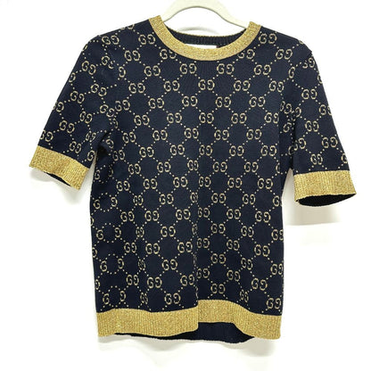 Gucci Short Sleeve T-Shirt Lame Contrast GG Pattern Cotton Navy