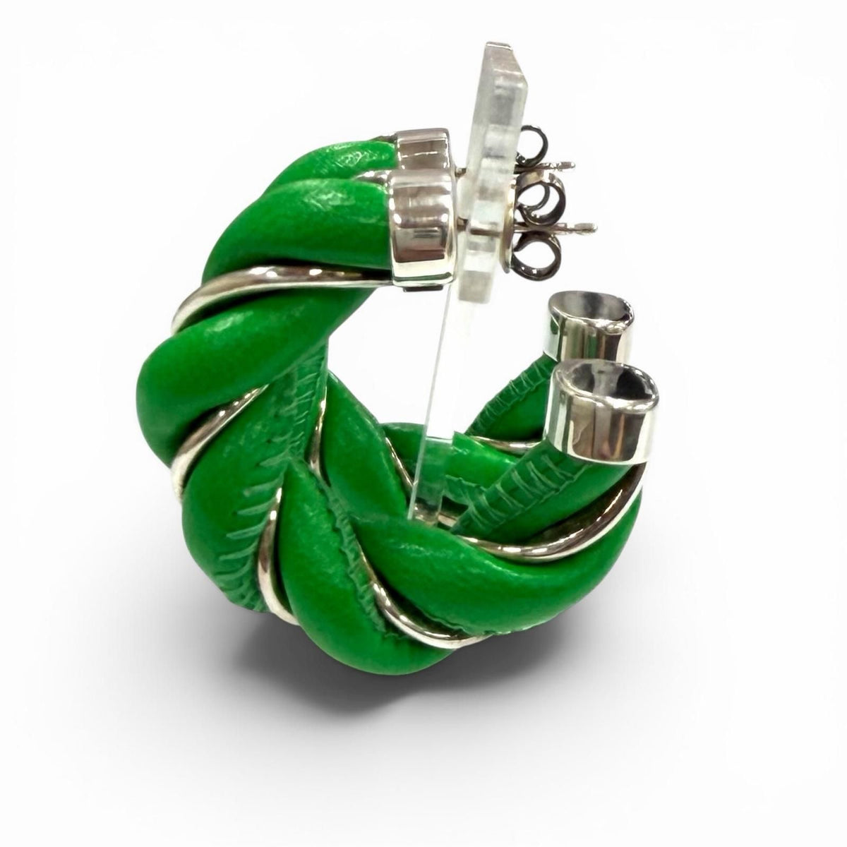 Bottega Veneta 925 Leather Twist Earrings Green Silver — view 3