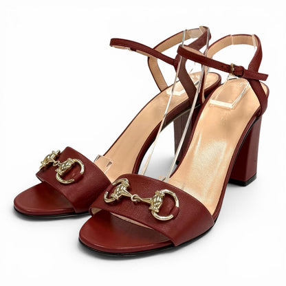 Gucci Horsebit Ankle Strap Leather Sandals Bordeaux Gold