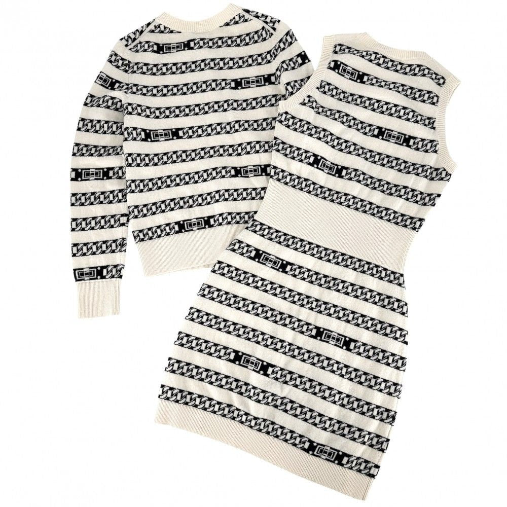 Chanel Set Coco Button Border Cardigan Sleeveless Dress Vintage 34 White Black — view 2