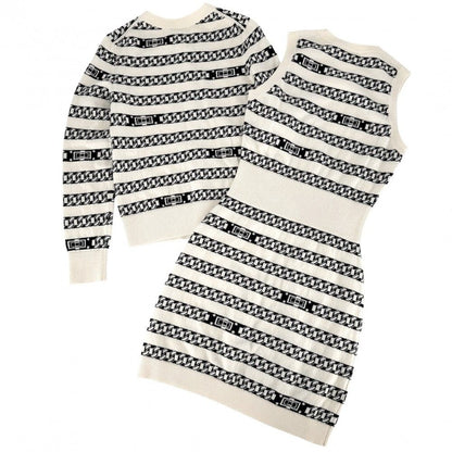 Chanel Set Coco Button Border Cardigan Sleeveless Dress Vintage 34 White Black — view 2