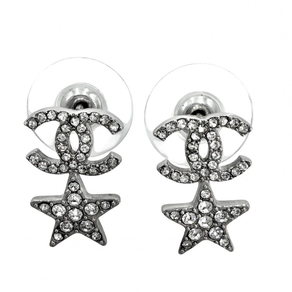 Chanel Earrings CC Logo Star Rhinestone Silver