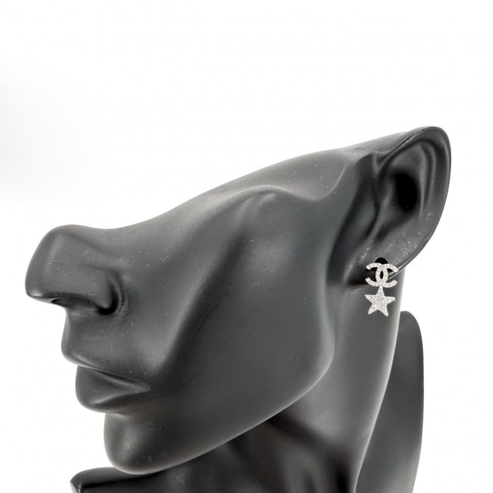 Chanel Earrings CC Logo Star Rhinestone Silver — view 2