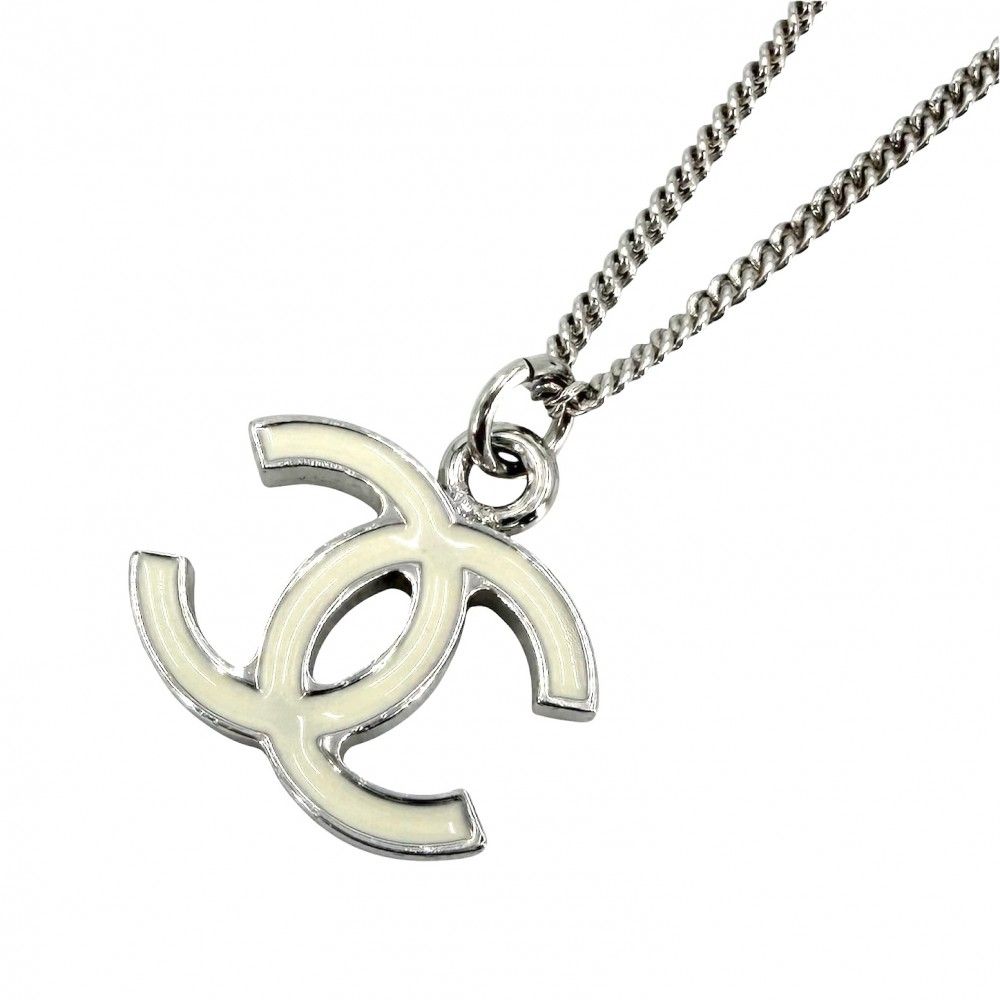 Chanel Necklace CC Logo Silver White