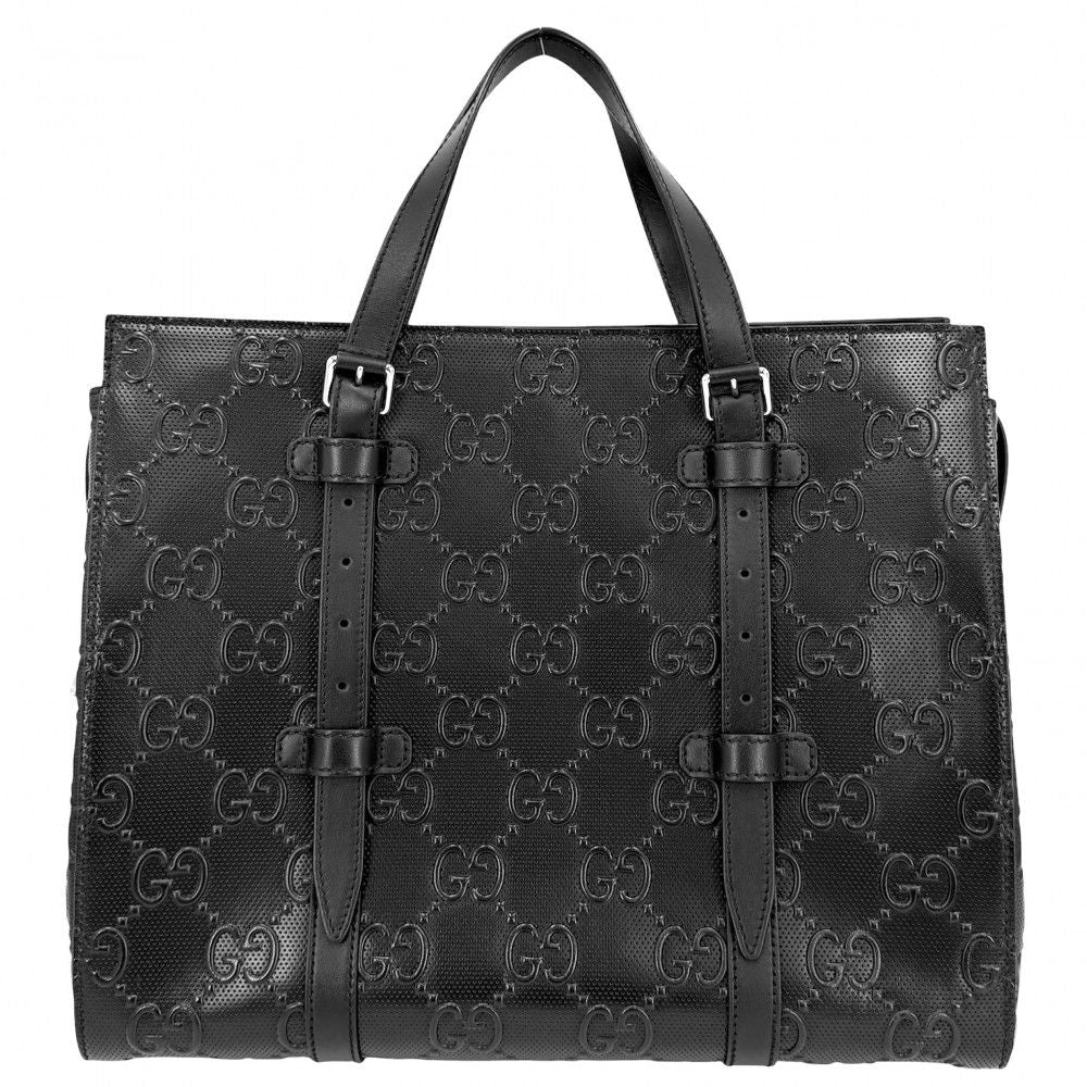Gucci Tote GG Embossed Handbag Shoulder Leather Black Silver — view 2