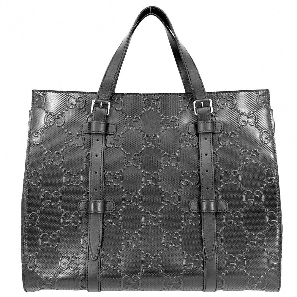 Gucci Tote GG Embossed Handbag Shoulder Leather Black Silver
