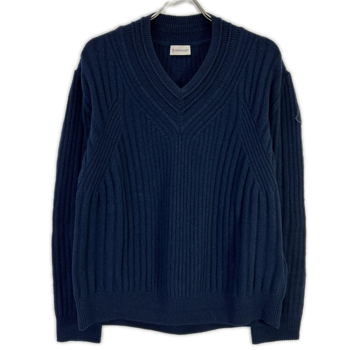 Moncler Scollo Tricot Navy Wool 100 Neck Logo Patch Knit Pullover Sweater
