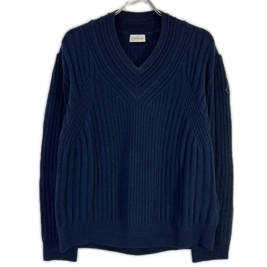 Moncler Scollo Tricot Navy Wool 100 Neck Logo Patch Knit Pullover Sweater
