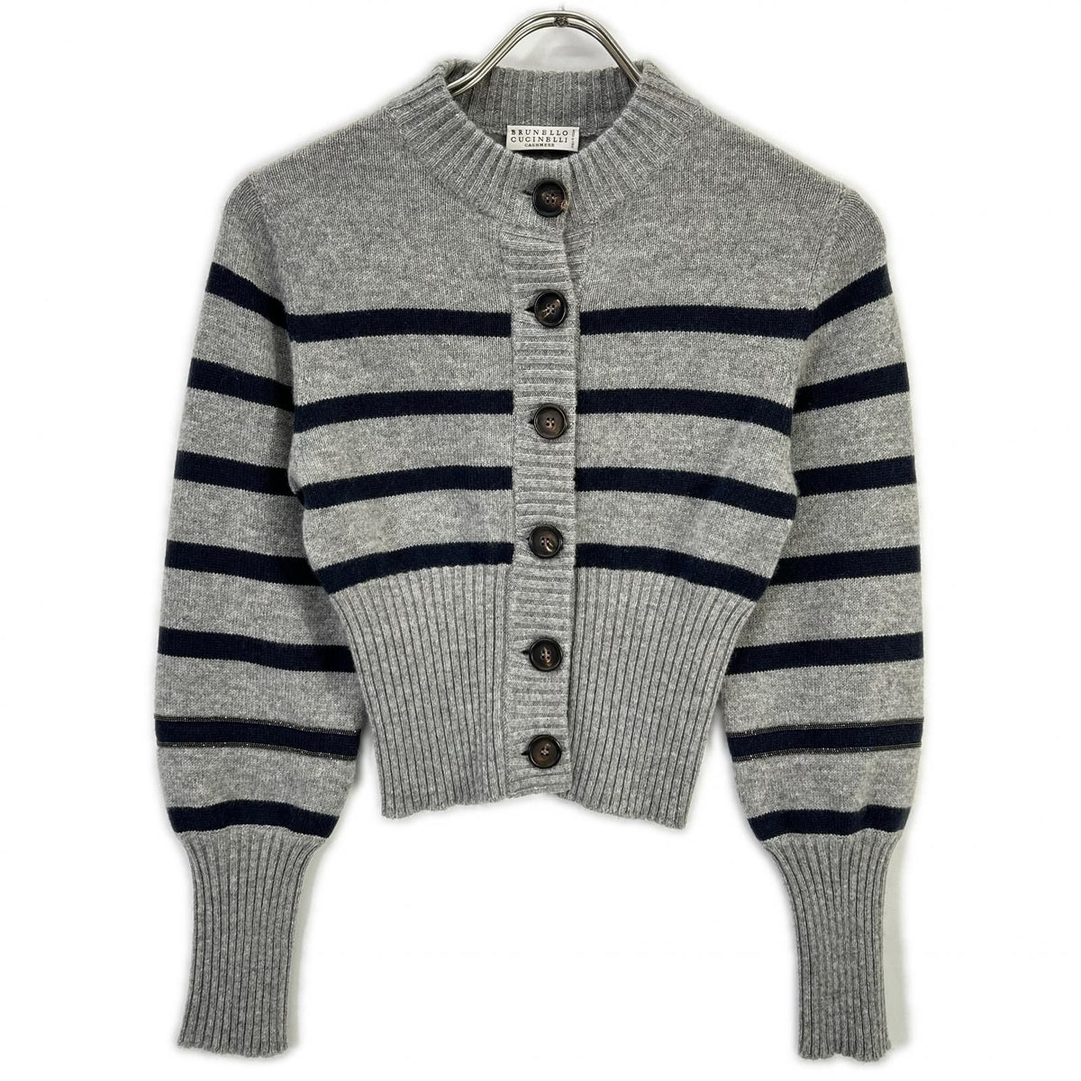 Brunello Cucinelli Gray Cashmere Marine Stripe Monilidistire Long Rib Cardigan