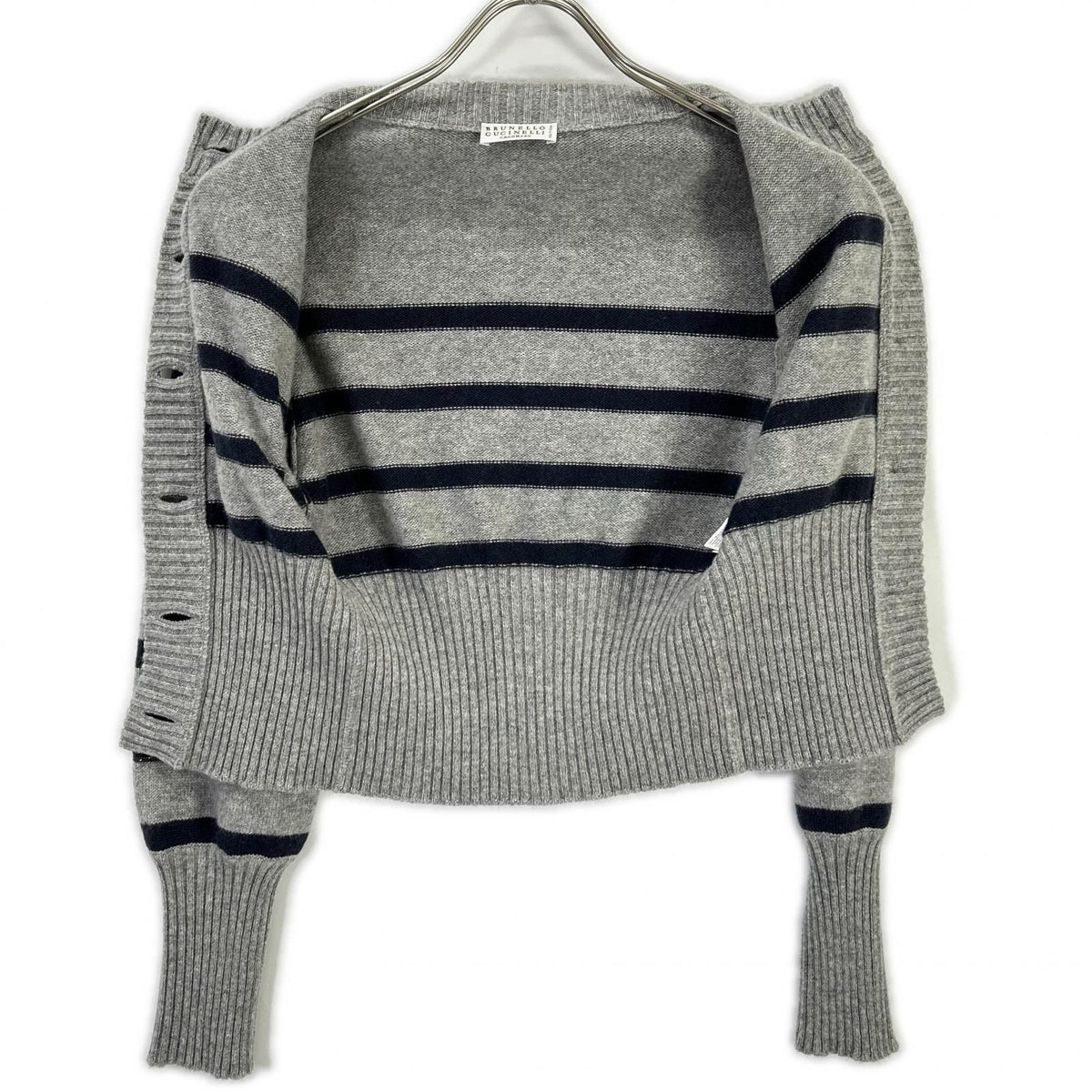Brunello Cucinelli Gray Cashmere Marine Stripe Monilidistire Long Rib Cardigan — view 3