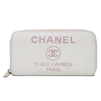 Chanel Deauville CC Logo Zip Around Wallet Canvas White Pink