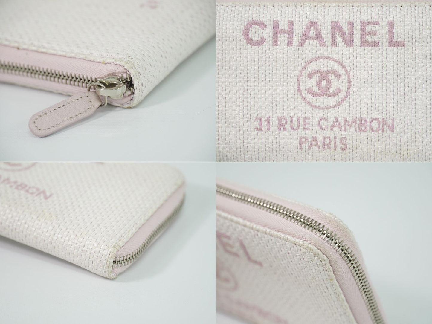 Chanel Deauville CC Logo Zip Around Wallet Canvas White Pink — view 6