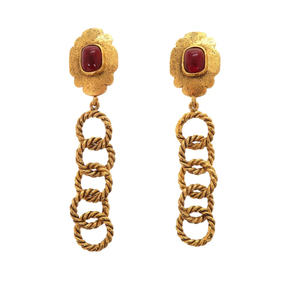 Chanel Vintage Gripoix Metal Glass Gold Red Earrings