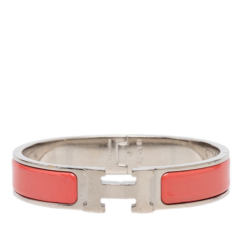 Hermes Clic H PM Enamel Bracelet Bangle Pink Silver Metal
