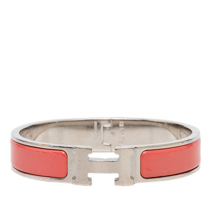 Hermes Clic H PM Enamel Bracelet Bangle Pink Silver Metal