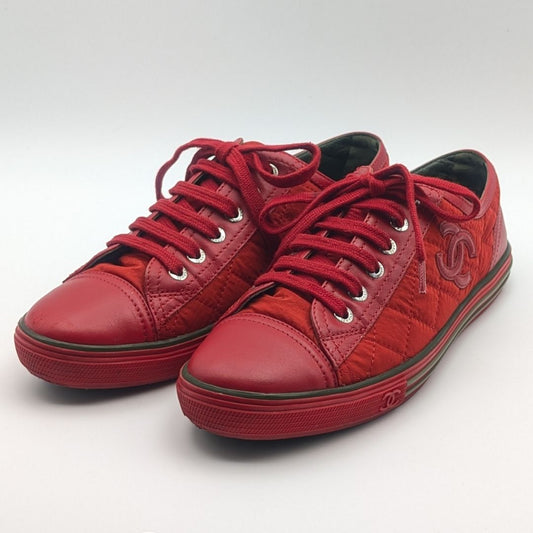 Chanel Sneakers CC Logo Quilted Red Nylon Leather Shoes