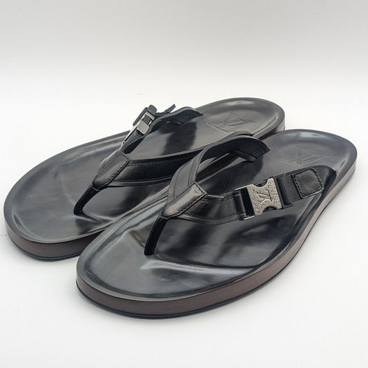 Louis Vuitton Leather LV Logo Black Sandals Thong Beach