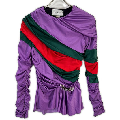 Gucci the Hacker Purple Nylon Pearl Rhinestone Brooch Gathered Stretch Blouse 42