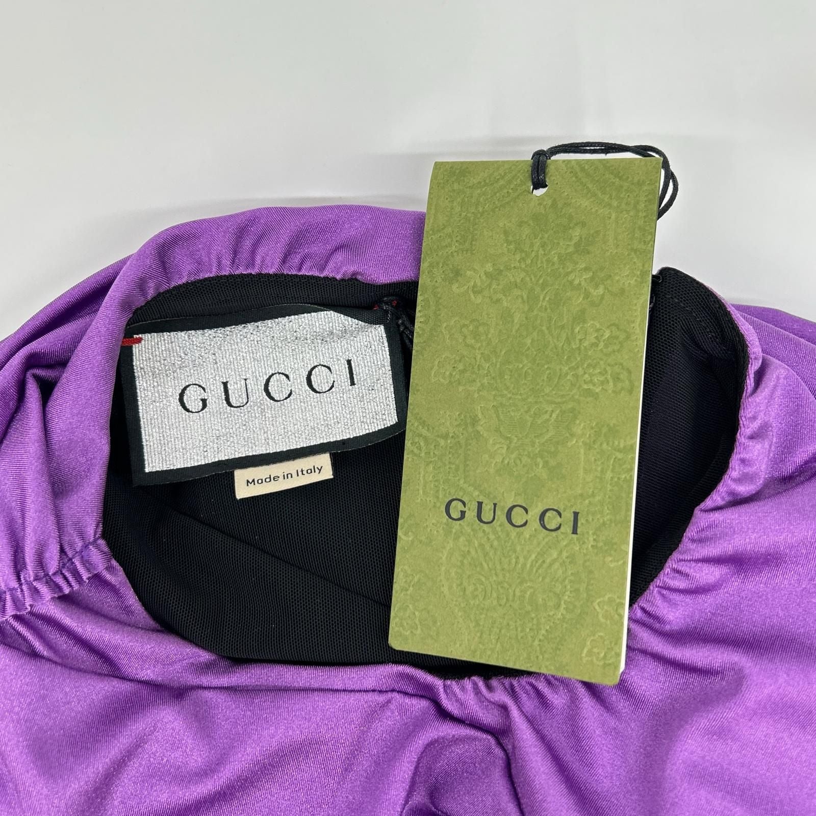 Gucci the Hacker Purple Nylon Pearl Rhinestone Brooch Gathered Stretch Blouse 42 — view 3