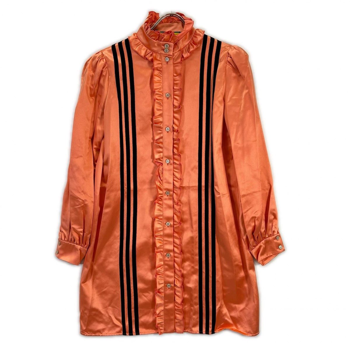 Gucci Adidas Pink Beige Frill Stand Collar Duchess Silk Shirt Dress 40