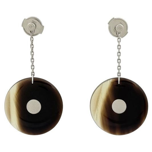 Hermes Buffalo Horn Earrings Swing Series Metal Silver Brown