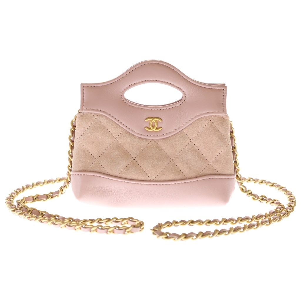Chanel CC Logo Chain Mini Shoulder Bag Pink Leather Suede Gold