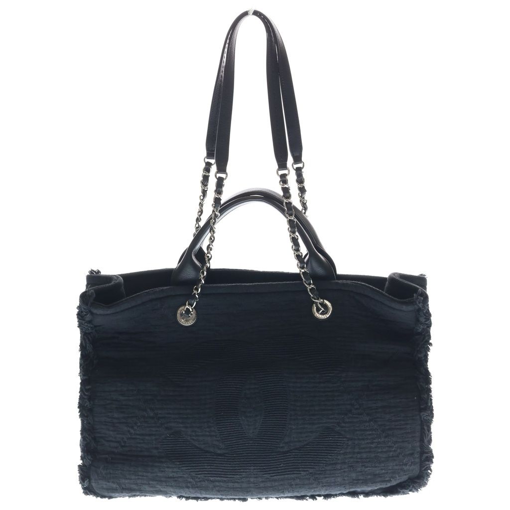 Chanel Deauville Large Chain Tote Bag Black Canvas Silver