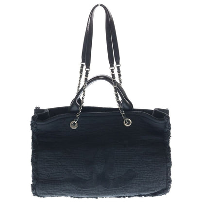 Chanel Deauville Large Chain Tote Bag Black Canvas Silver