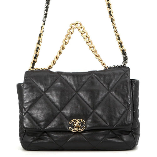 Chanel Chain Shoulder Bag 19 Dizeneuf CC Logo Maxi Shiny Lambskin 2-Way Black