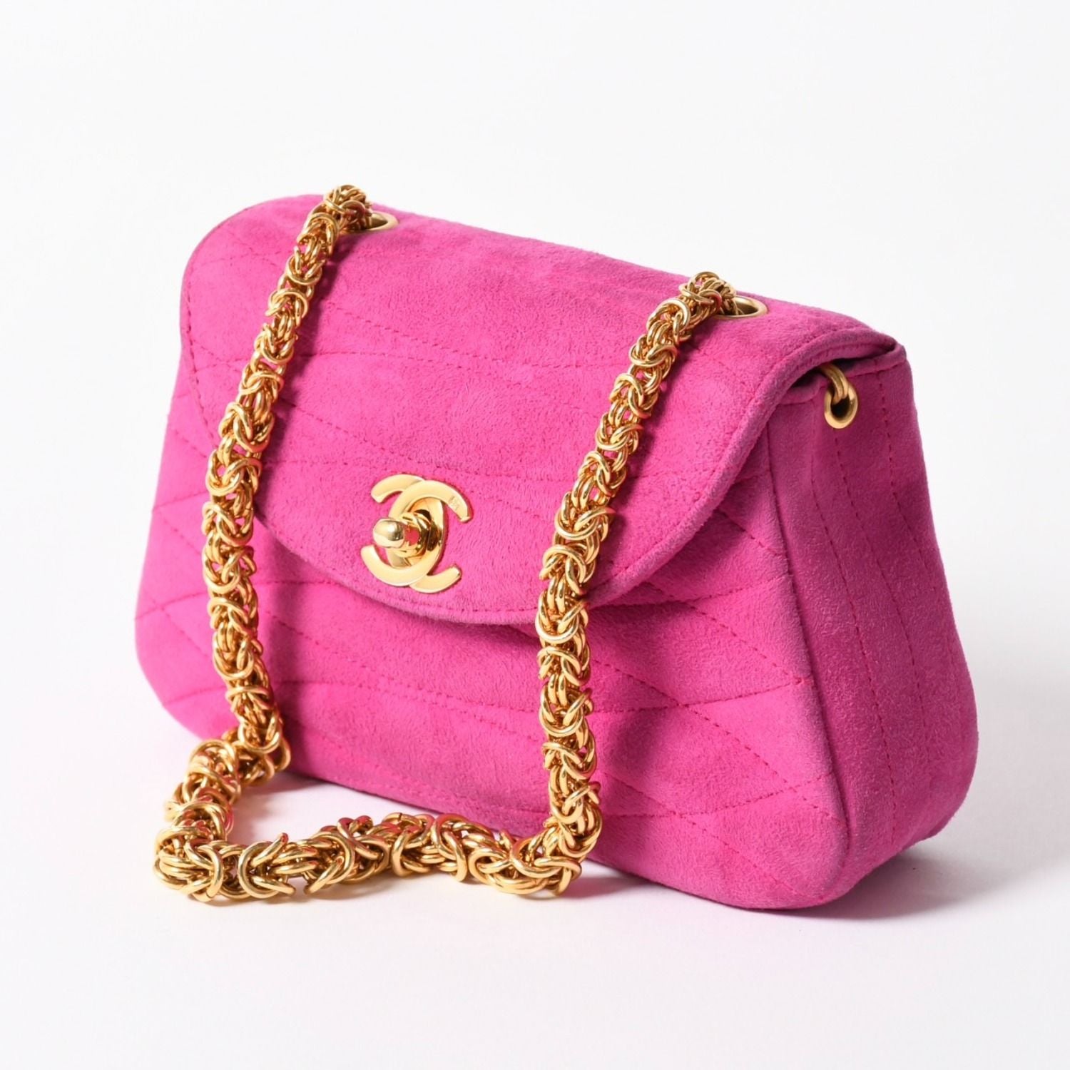 Chanel Mini Bag CC Logo Stitch Suede Pink Turnlock Gold — view 3