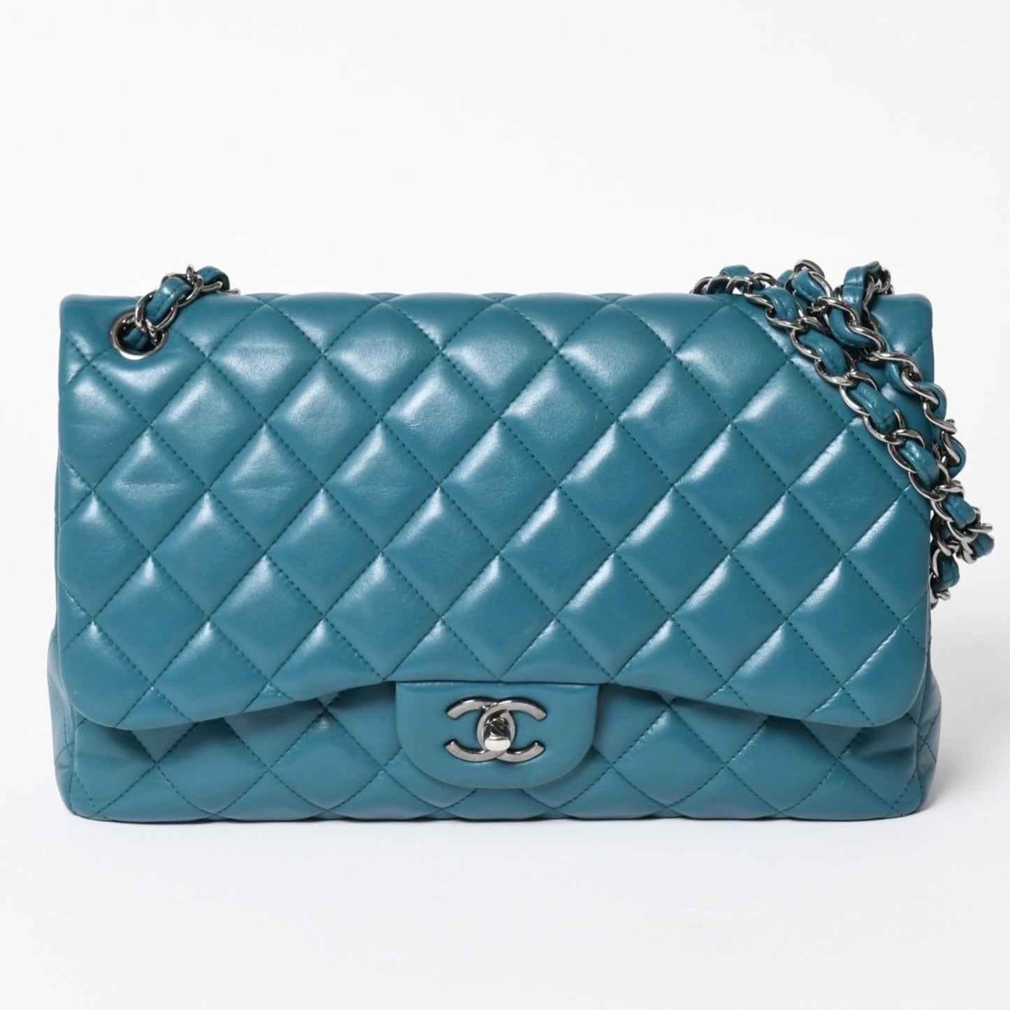 Chanel Maxi Quilted 30 Double Flap Chain Shoulder Bag CC Logo Lambskin Turquoise