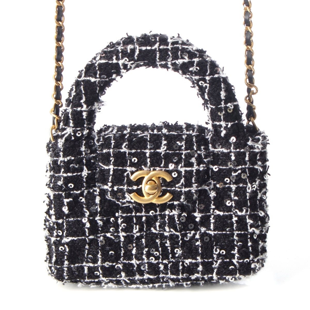 Chanel Tweed Sequin Mini Shopping Coco Handle Chain Shoulder Bag Black White