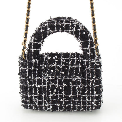 Chanel Tweed Sequin Mini Shopping Coco Handle Chain Shoulder Bag Black White — view 4