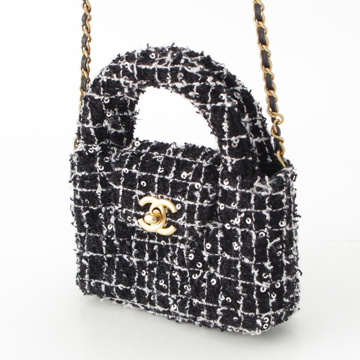 Chanel Tweed Sequin Mini Shopping Coco Handle Chain Shoulder Bag Black White — view 2