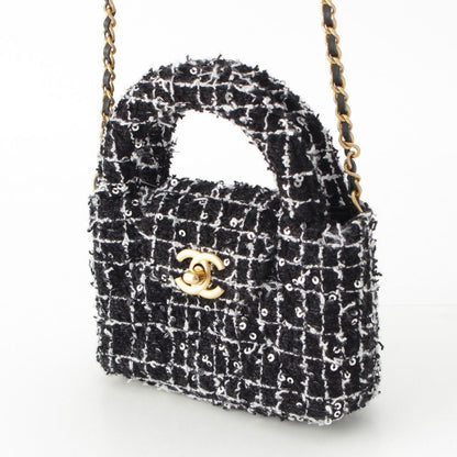 Chanel Tweed Sequin Mini Shopping Coco Handle Chain Shoulder Bag Black White — view 2