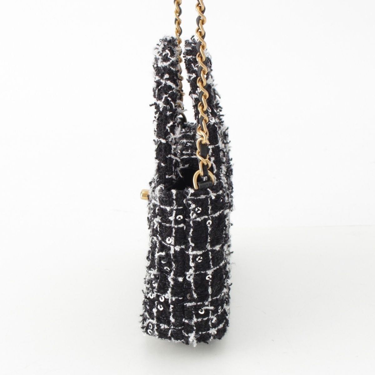 Chanel Tweed Sequin Mini Shopping Coco Handle Chain Shoulder Bag Black White — view 3
