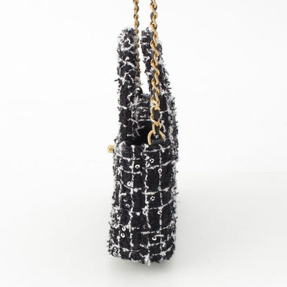 Chanel Tweed Sequin Mini Shopping Coco Handle Chain Shoulder Bag Black White — view 3