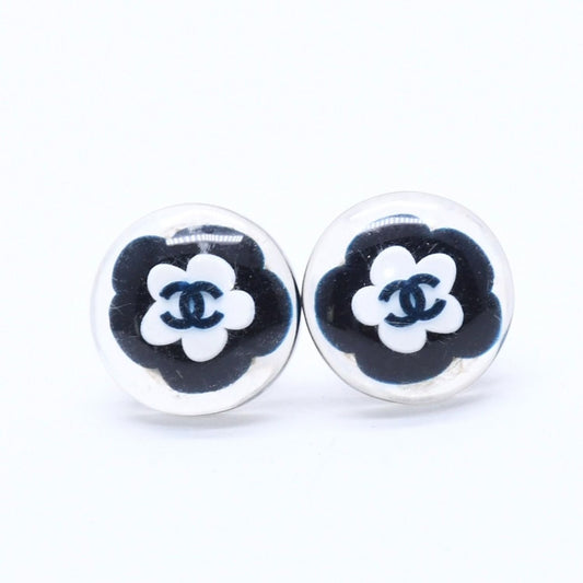 Chanel CC Logo Button Earrings 04 Camellia Clear Black White Resin