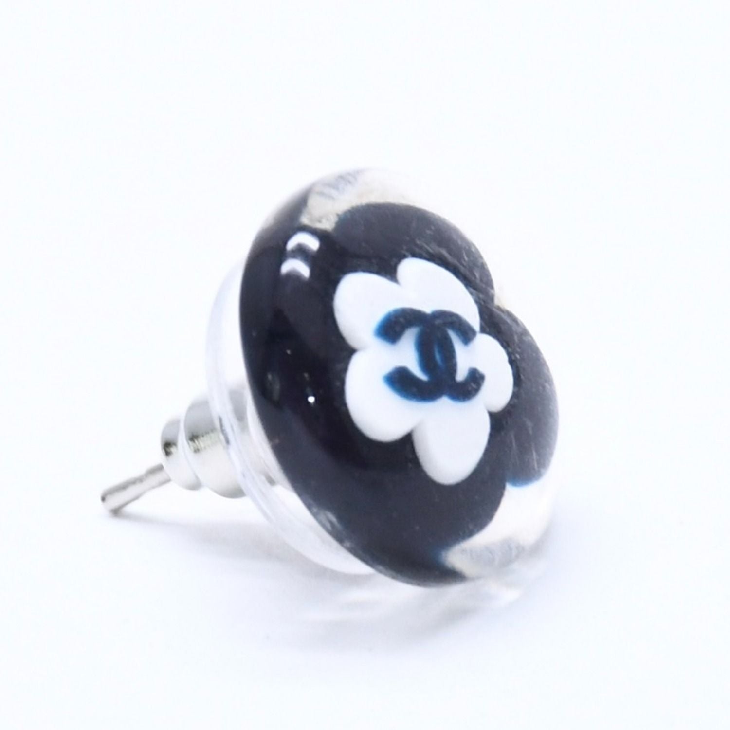 Chanel CC Logo Button Earrings 04 Camellia Clear Black White Resin — view 3