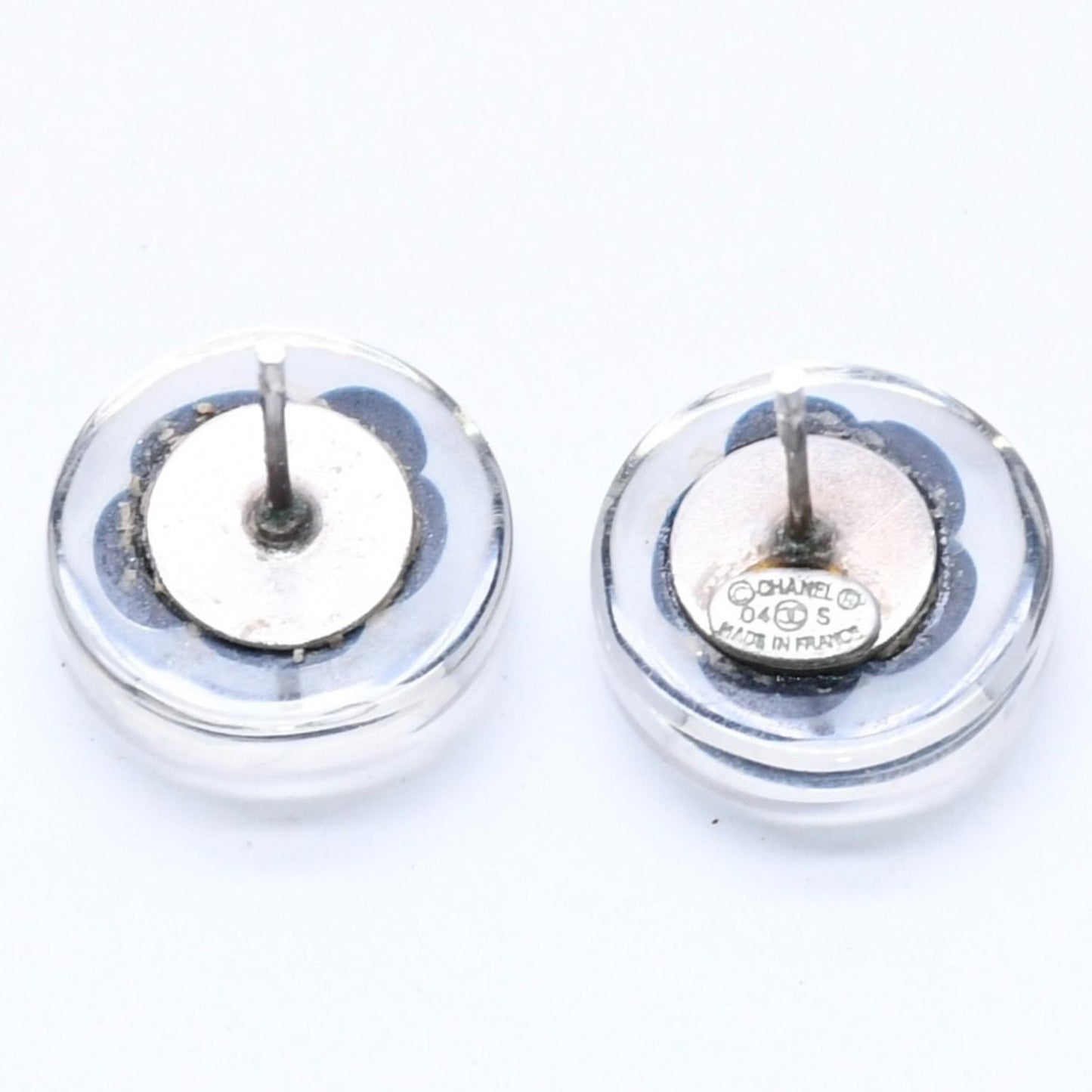 Chanel CC Logo Button Earrings 04 Camellia Clear Black White Resin — view 6