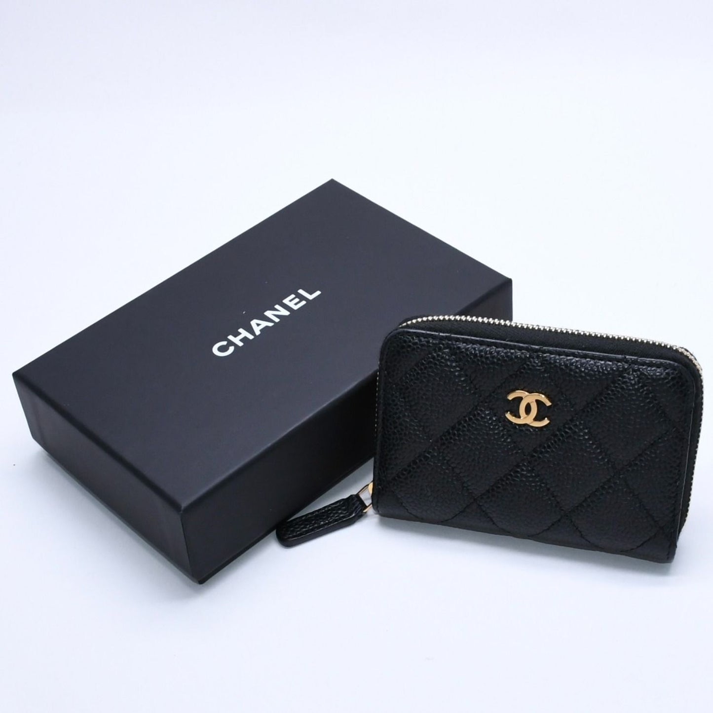 Chanel Classic Zip Coin Purse Quilted Caviar Leather Stand Black Wallet Card