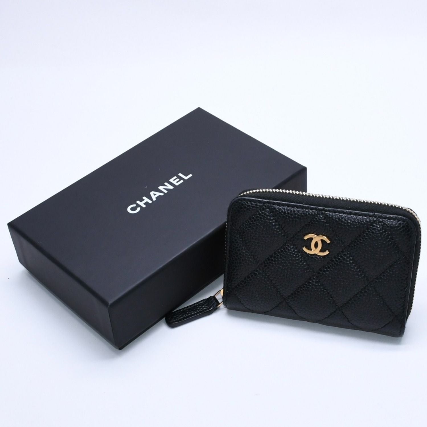 Chanel Classic Zip Coin Purse Quilted Caviar Leather Stand Black Wallet Card