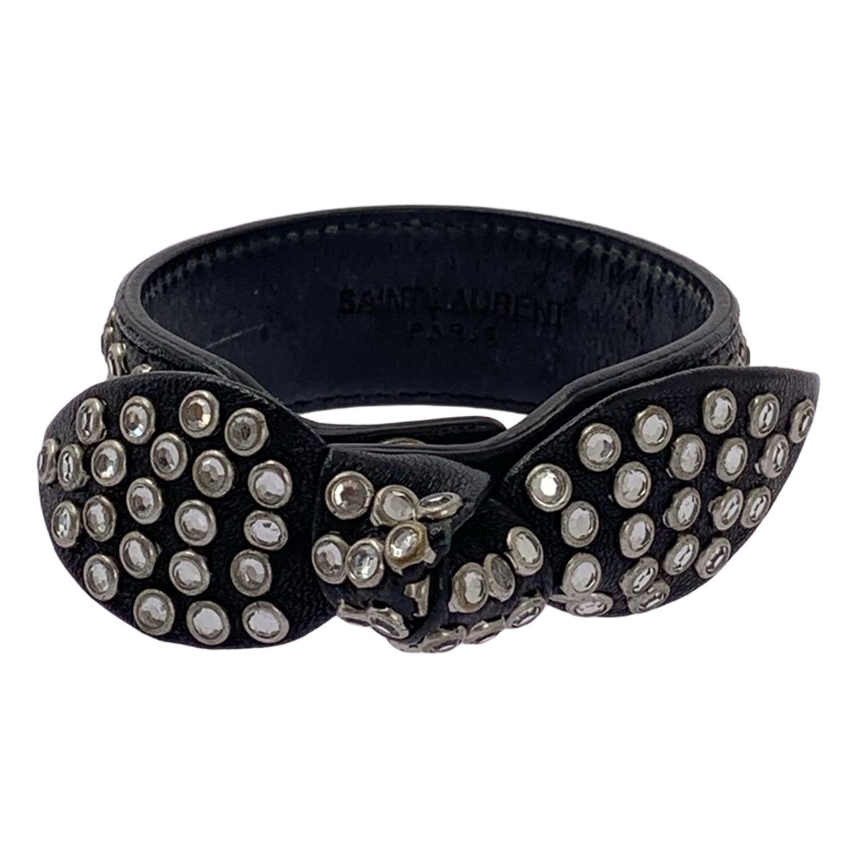 Saint Laurent Paris By Hedi Slimane Ribbon Studded Leather Bracelet Black Silver