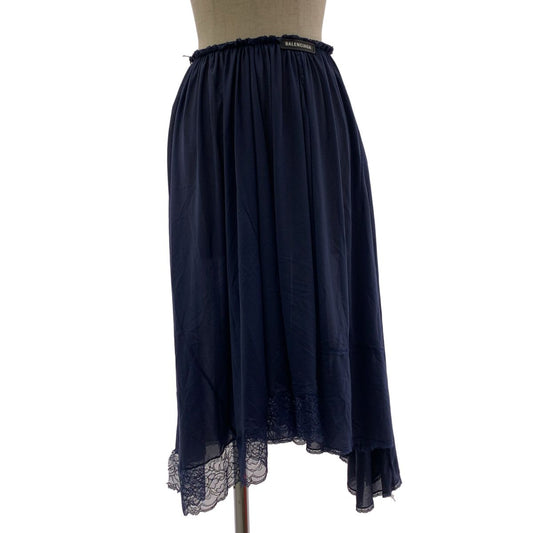 Balenciaga Waist Logo Lace Docking Long Skirt 34 Navy