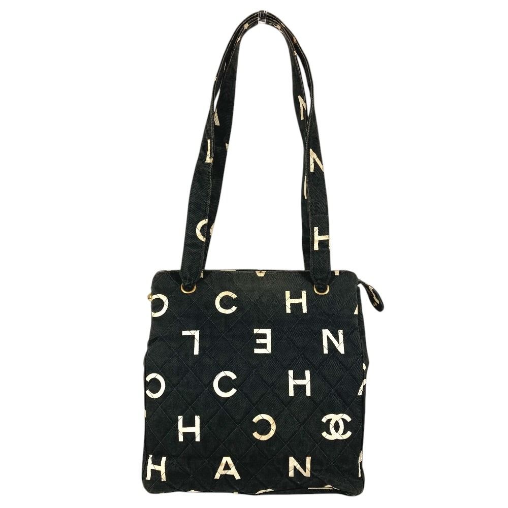 Chanel Shoulder Bag CC Logo All Over Pattern Cotton Black