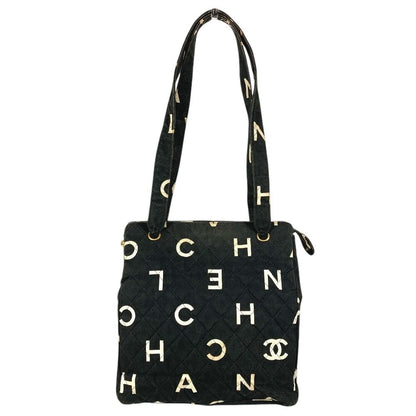 Chanel Shoulder Bag CC Logo All Over Pattern Cotton Black