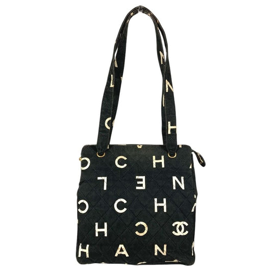 Chanel Shoulder Bag CC Logo All Over Pattern Cotton Black
