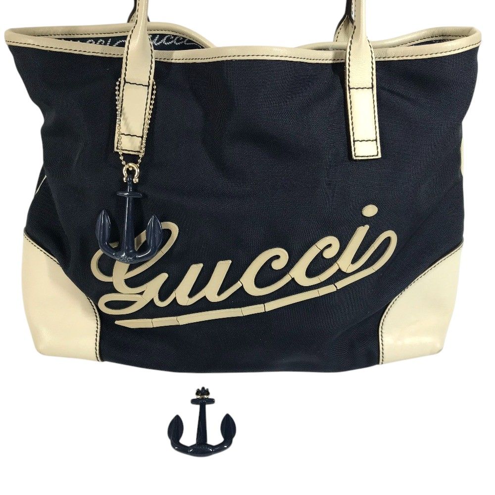 Gucci Shoulder Bag Logo Leather Canvas Navy — view 5