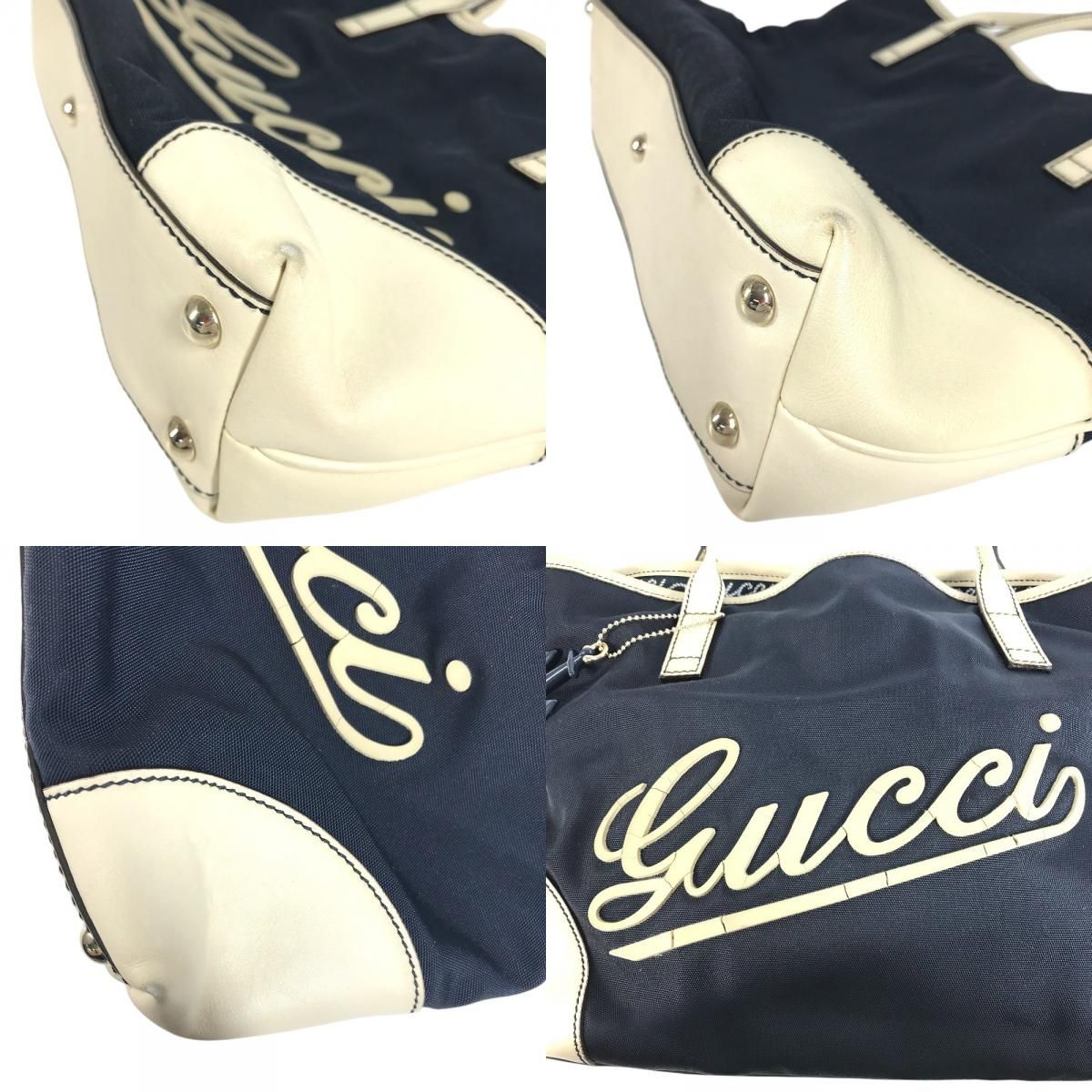 Gucci Shoulder Bag Logo Leather Canvas Navy — view 7